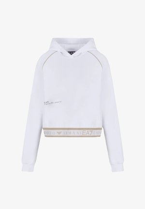 White cropped hoodie made of soft fabric, featuring a hood, gold accents, and a branded band at the hem with "EA7 EMPORIO ARMANI" text.