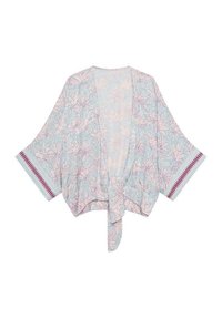 Túnica de estilo kimono en azul claro con un patrón floral en rosa, que presenta mangas anchas y un cierre frontal anudado. Acentuada con un borde texturizado en burdeos.