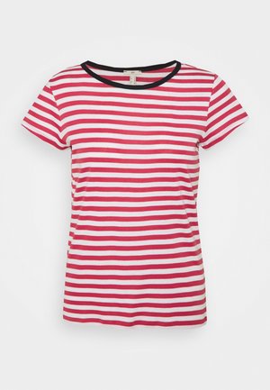 T-shirt à rayures rouges et blanches, manches courtes, encolure ronde avec bordure noire, en tissu doux, avec une coupe régulière et sans motifs supplémentaires.