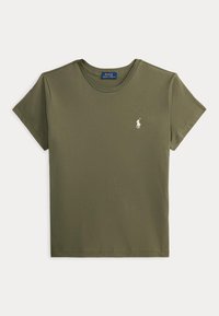 Πράσινο-ελιάς κοντομάνικο T-shirt Polo Ralph Lauren με στρογγυλή λαιμόκοψη και λευκό κεντημένο λογότυπο αλόγου στο αριστερό στήθος.