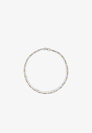 Silbernes Armband mit mehrfarbigen Kristallen, angeordnet in einem Doppelstrang-Design. Mit sicherem Karabiner-Verschluss zum Befestigen.