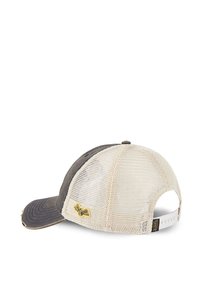 Dunkelgraue und beige Netz-Trucker-Cap mit verstellbarem Snapback und kleinem gelben gestickten Patch an der Seite.