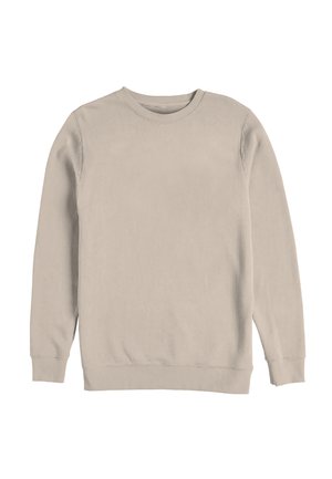 Beige langærmet sweatshirt med rund hals og ribstrikkede manchetter og kant, vist på hvid baggrund.