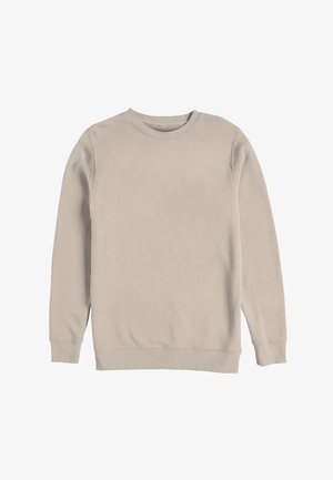 Felpa beige a maniche lunghe con scollo tondo, polsini e orlo a coste, esposta su uno sfondo bianco.