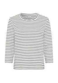 Langärmlige Bluse aus leichtem Stoff, mit weißem Hintergrund und horizontalen Marineblauen Streifen, runder Ausschnitt und geradem Saum.