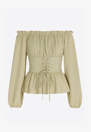 Top beige chiaro con scollo a barca, maniche lunghe a sbuffo, scollo arricciato e design anteriore con laccio, caratterizzato da un orlo a peplo.