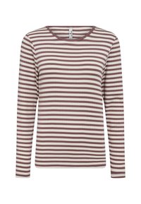 Langærmet skjorte med ribbet tekstur og horisontale striber i maroon og creme. Rund halsudskæring og lige skærm.