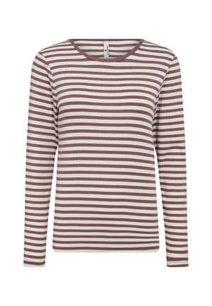 Langærmet skjorte med ribbet tekstur og horisontale striber i maroon og creme. Rund halsudskæring og lige skærm.