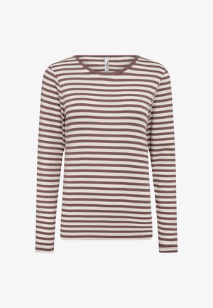 Long-sleeve shirt featuring a ribbed texture with horizontal stripes in maroon and cream. Round neck and straight-cut hem.