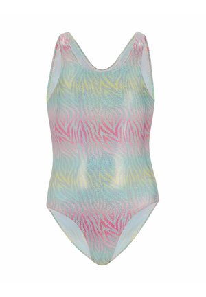 Bañador de una pieza con un patrón de cebra en tonos pastel en rosa, azul, amarillo y brillo plateado sobre un fondo blanco.