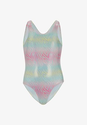 Bañador de una pieza con un patrón de cebra en tonos pastel en rosa, azul, amarillo y brillo plateado sobre un fondo blanco.