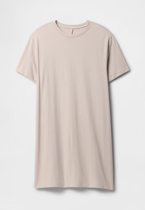 Light beige T-shirt dress made of soft, smooth fabric. Features short sleeves and a round neckline, with a relaxed, loose fit.