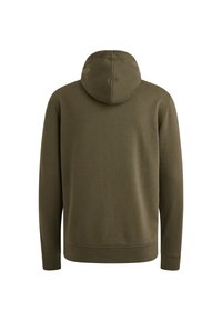 Felpa verde oliva con cappuccio regolabile, dotata di maniche lunghe e polsini a costine. Tessuto morbido con dettagli di cucitura minima sul retro.