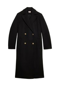 Cappotto in lana nera con design doppiopetto, rever a punte, due tasche frontali e bottoni dorati. Disponibile in silhouette lunga.