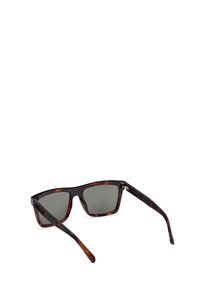 Lunettes de soleil en écaille de tortue avec des verres verts, monture rectangulaire et branches élégantes. Les charnières présentent un subtil accent métallique pour plus de durabilité.