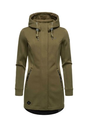 Oliven grønn hettegenser med en solid tekstur, med glidelåslommer på siden og justerbare snorer på hetten.