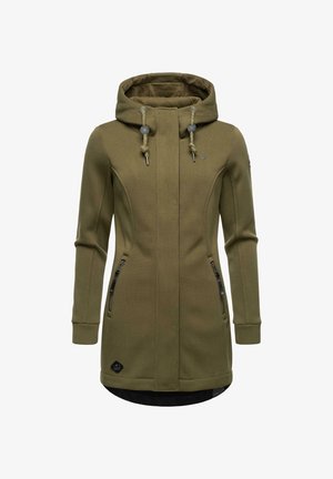 Oliven grønn hettegenser med en solid tekstur, med glidelåslommer på siden og justerbare snorer på hetten.