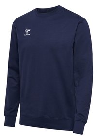 Mörkblå sweatshirt gjord av en bomullsblandning med lång ärm, rund halsringning och ribbade muddar. Har en vit "hummel"-logotyp på bröstet.
