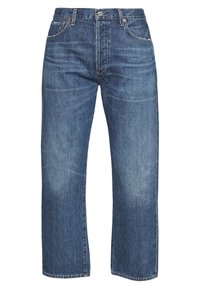 Blå raka denimjeans med fram- och bakfickor, bälteslån, och en knappstängning i midjan.