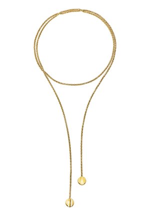 Guldhalskæde med dobbelt kædedesign, der har en tekstureret finish og to runde vedhæng i hver ende, hvilket skaber en lagdelt effekt.