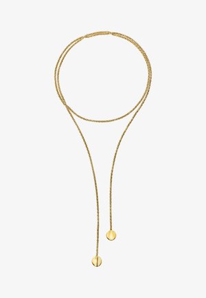 Collier en or avec un design à double chaîne, présentant une finition texturée et deux pendentifs ronds à chaque extrémité, créant un effet superposé.