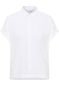 Camisa de botones de manga corta blanca con un cuello, hecha de algodón; presenta un pequeño logotipo en el pecho y un dobladillo recto.