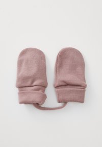 Weiche, gestrickte Baby-Handschuhe in einem staubigen Rosaton. Sie verfügen über einen engen Bündchen und eine verbindende Schnur für einfaches Tragen und Verstauen.