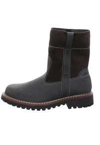 Leder-Ankle-Boot in einer dunkelgrauen und braunen Farbkombination, mit einer glatten und strukturierten Oberfläche, kontrastierenden Nähten und einer robusten Sohle.