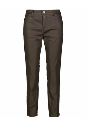 Dark brown chinos with a straight fit, feature a button closure, belt loops, and stitched detailing. Smooth fabric with slight sheen.