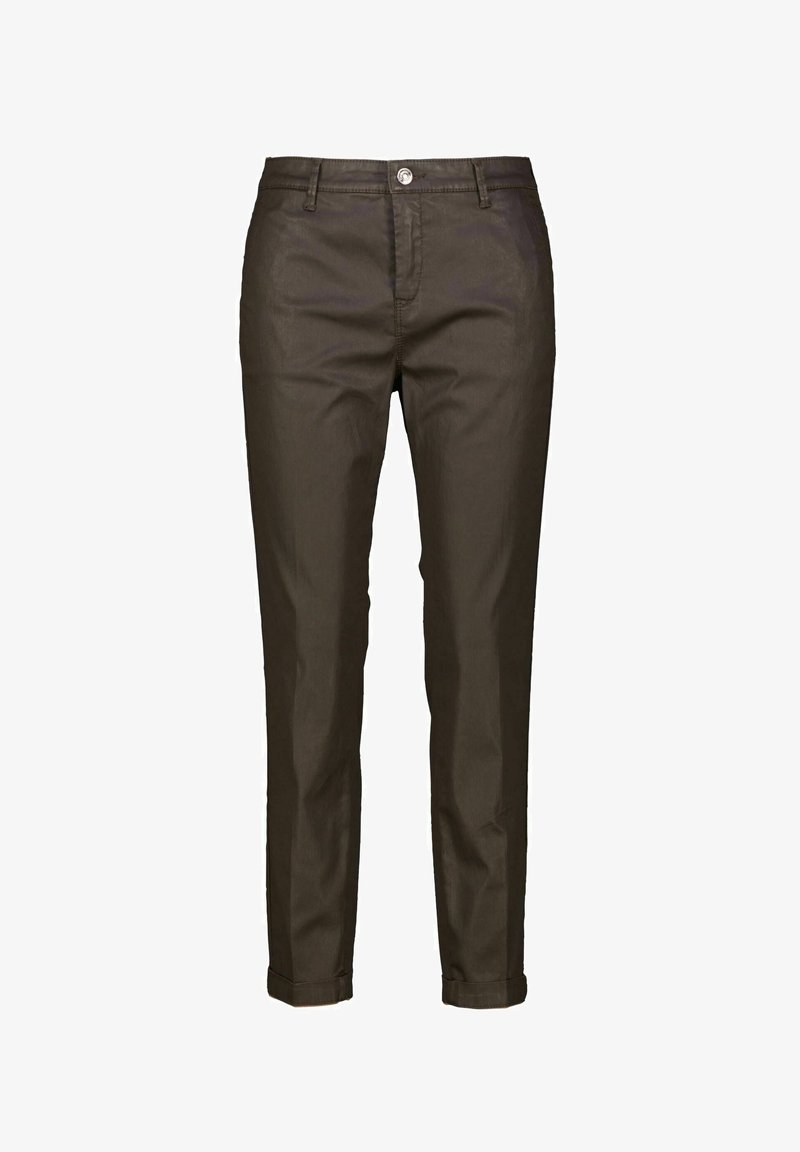 Dark brown chinos with a straight fit, feature a button closure, belt loops, and stitched detailing. Smooth fabric with slight sheen.