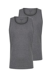 Two gray tank tops made of soft cotton blend. Features a round neckline and sleeveless design. Smooth texture and regular fit.