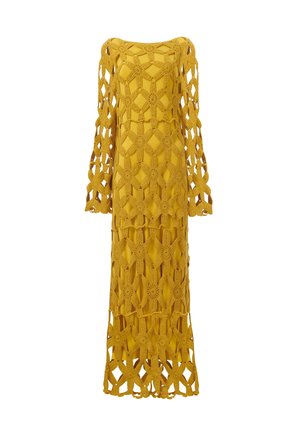 Crochet yellow maxi dress with long sleeves, featuring diamond and floral patterns, open weave design, and a straight silhouette.