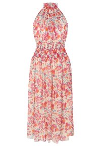 Robe midi sans manches à col halter avec taille froncée, imprimé floral rose, orange et bleu sur un tissu beige clair.
