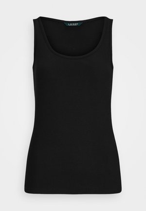 Črna rebrasta majica brez rokavov z zaobljenim ovratnikom, slim fit krojem in brezšivnimi robovi. Tkanina je mehka in raztegljiva. Na oznaki piše "LAUREN."