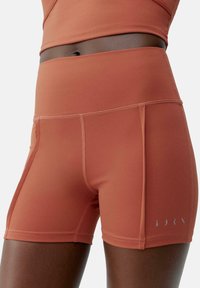 Rust-colored athletic shorts made of smooth, moisture-wicking fabric. Features a high waistband and reflective detailing on the side.