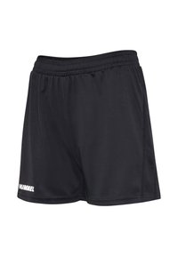 Shorts de sport noirs avec une taille élastique, fabriqués en tissu respirant. Présentent un logo discret en bas à gauche. Texture lisse.