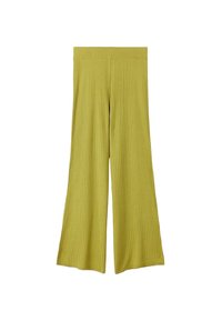 Ribbstickade vida byxor i en dämpad grön färg med elastisk midja. Tyget har en mjuk textur och en löst sittande design.