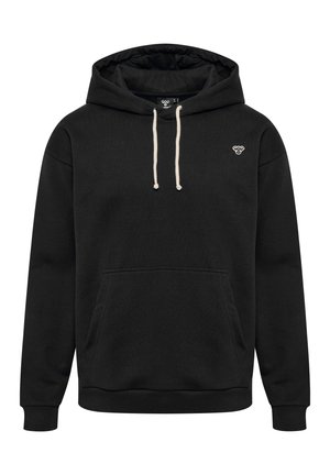 Zwarte hoodie met een trekkoordhals, een voorste kangoeroezak, ribgebreide manchetten en zoom. Bevat een klein logo op de linkerkant van de borst.