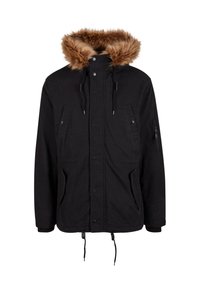 Fekete parka kabát műszőrme bélelt kapucnival, húzózsinóros derékkal, több elülső zsebbel és cipzáras ujjzsebbel. Matt textilel.