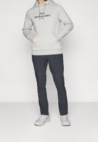 Haut à capuche gris clair avec le texte "Peak Performance" en noir, associé à un pantalon gris foncé et des baskets gris clair. Tissu lisse et coupe décontractée.