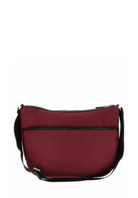 Borsa a tracolla in tessuto marrone con una texture liscia, scomparto principale con zip, tasca piatta frontale e dettagli neri.
