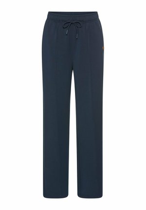 Marineblaue lässige Sweatpants mit elastischem Bund, Kordelzugverschluss und seitlichen Taschen. Weicher, glatter Stoff mit minimalen Nähten.