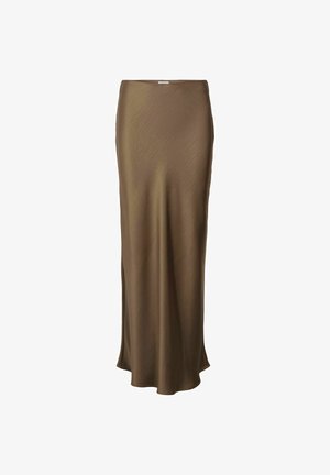 Langer, figurbetonter Rock aus glattem, olivgrünem Stoff mit leichtem Glanz. Verfügt über einen Seitenschlitz für mehr Bewegungsfreiheit.