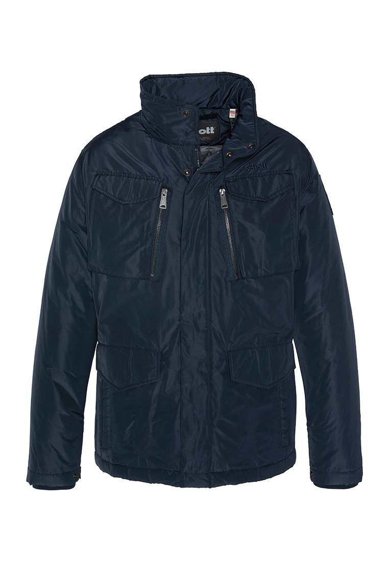 Giacca a vento blu navale con colletto alto, due tasche sul petto e due tasche laterali. Realizzata in materiale lucido e resistente all'acqua con cerniere.