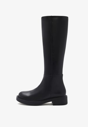 Knee-high black leather boots with a smooth texture, rounded toe, and chunky heel. Features a clean, minimal design with no embellishments.