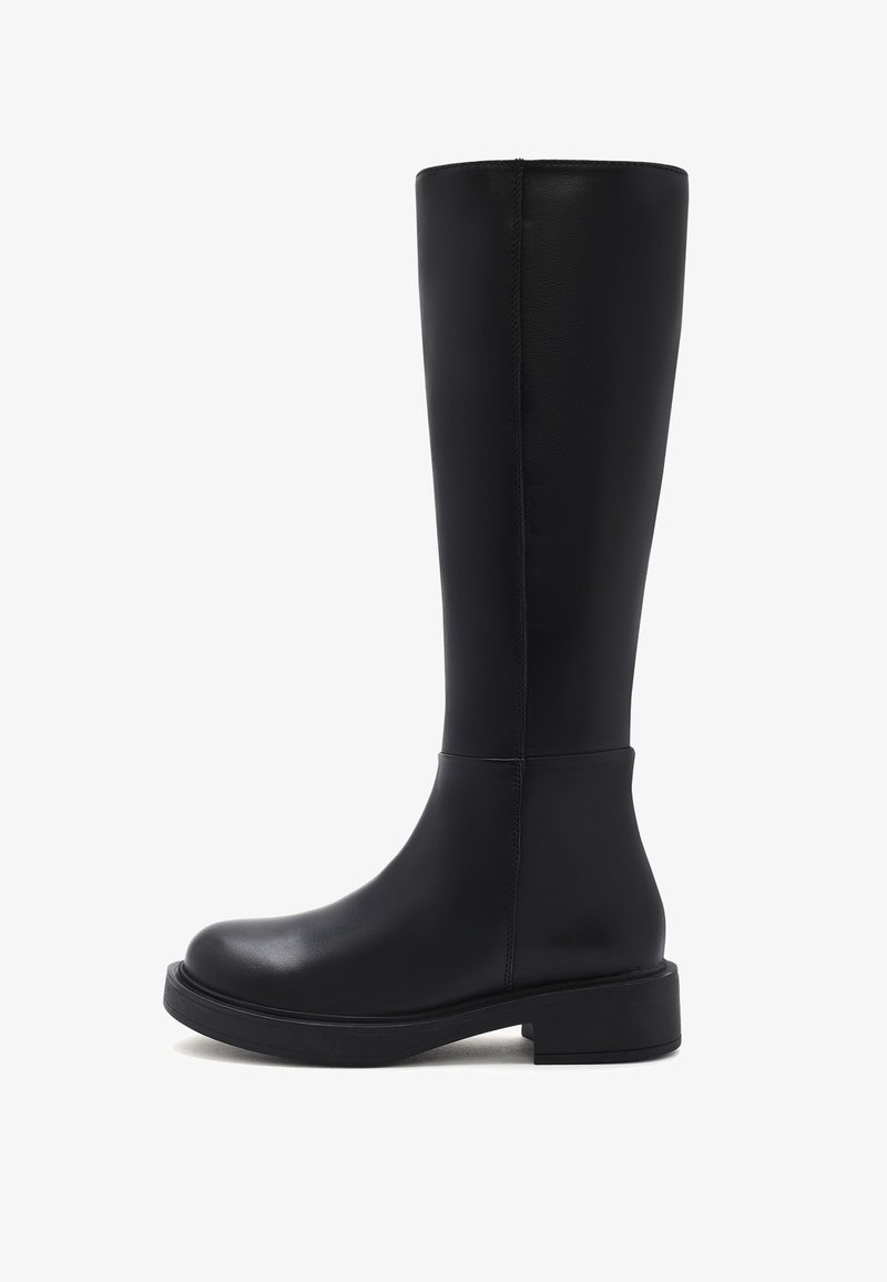 Knee-high black leather boots with a smooth texture, rounded toe, and chunky heel. Features a clean, minimal design with no embellishments.