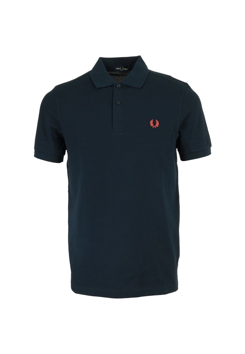 Mörkblå polo skjorta i bomull med treknappsslå, korta ärmar och en röd broderad logotyp på vänster bröst.