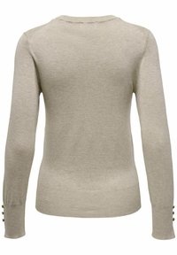 Beige langärmliger Pullover mit Rundhalsausschnitt und kleinen Knopf-Details an den Bündchen. Weiche Stricktextur, taillierte Silhouette.