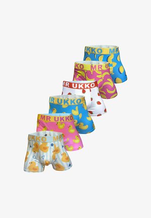 Kleurrijke herenboxershorts met verschillende patronen: bananen, aardbeien, badeendjes en citroenen, met contrasterende elastische taillebanden.