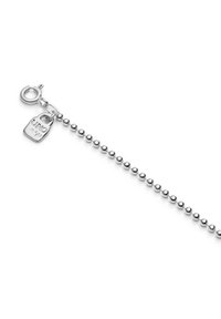 Pulsera de cadena de bolas plateada con un cierre redondo y una pequeña etiqueta con la inscripción "UNO". Presenta un metal pulido con cuentas esféricas uniformes.